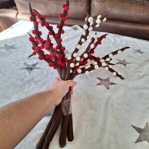 Trader Joe’s Holiday Felted Ilex Holly Berries Branches Decor 3 White 3 Red